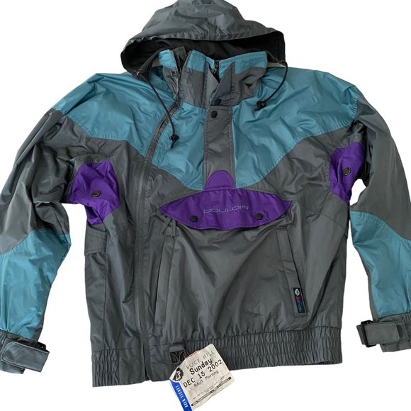 Vtg Couloir Mens Hooded Windbreaker Jacket Sz 40 Green Entrant Nylon Colorblock - Picture 14 of 16